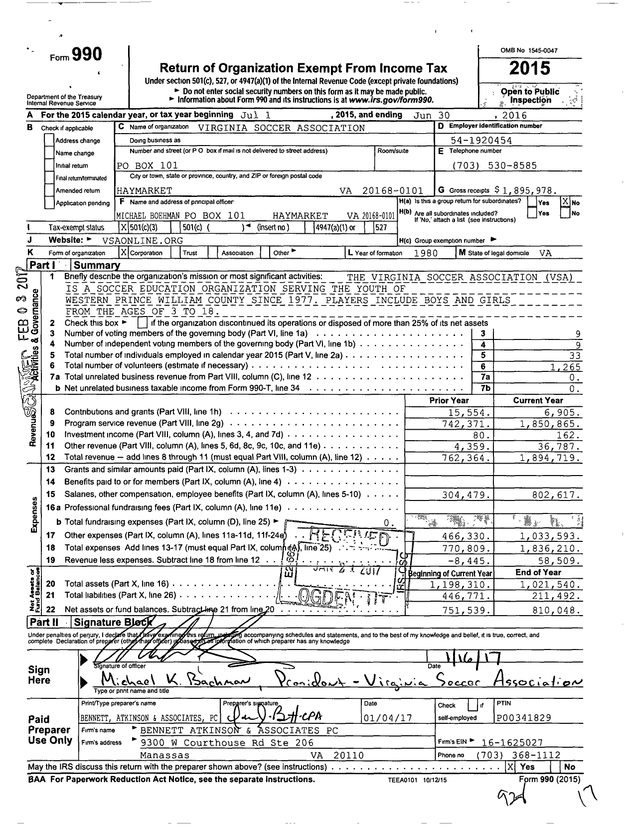 Image of first page of 2015 Form 990 for Virginia Soccer Association
