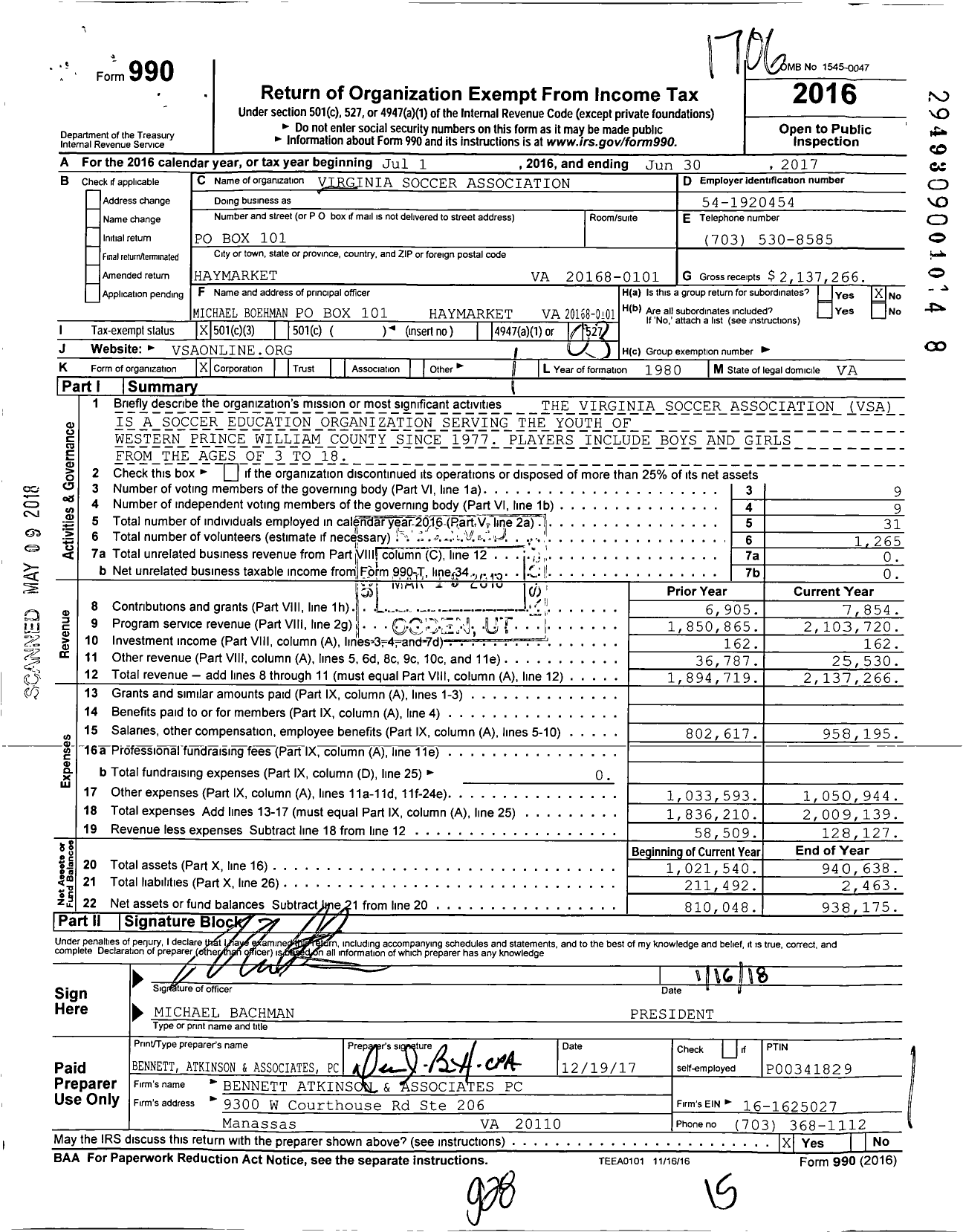 Image of first page of 2016 Form 990 for Virginia Soccer Association