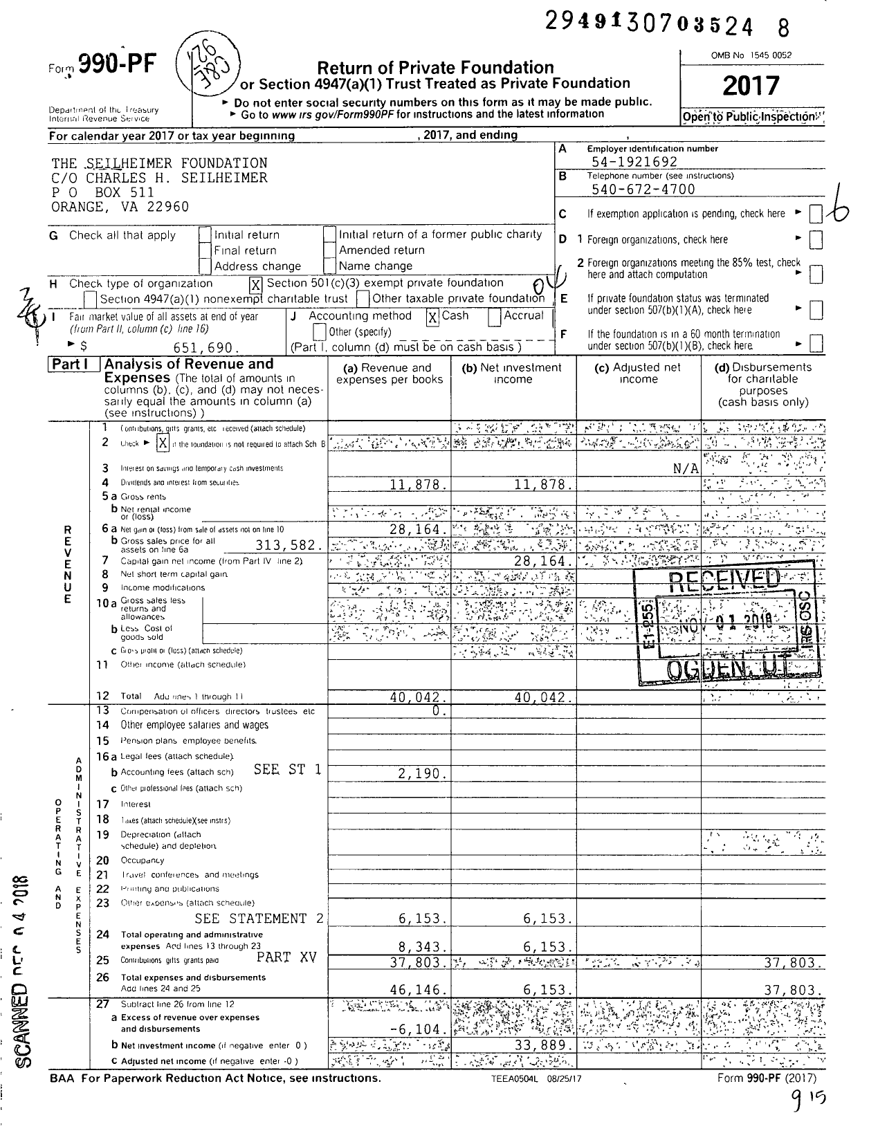 Image of first page of 2017 Form 990PF for The Seilheimer Foundation