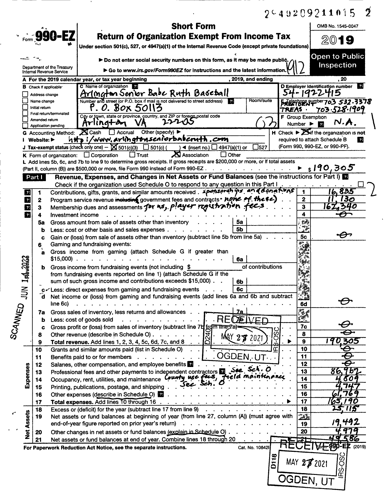 Image of first page of 2019 Form 990EZ for Arlington Senior Babe Ruth Baseball