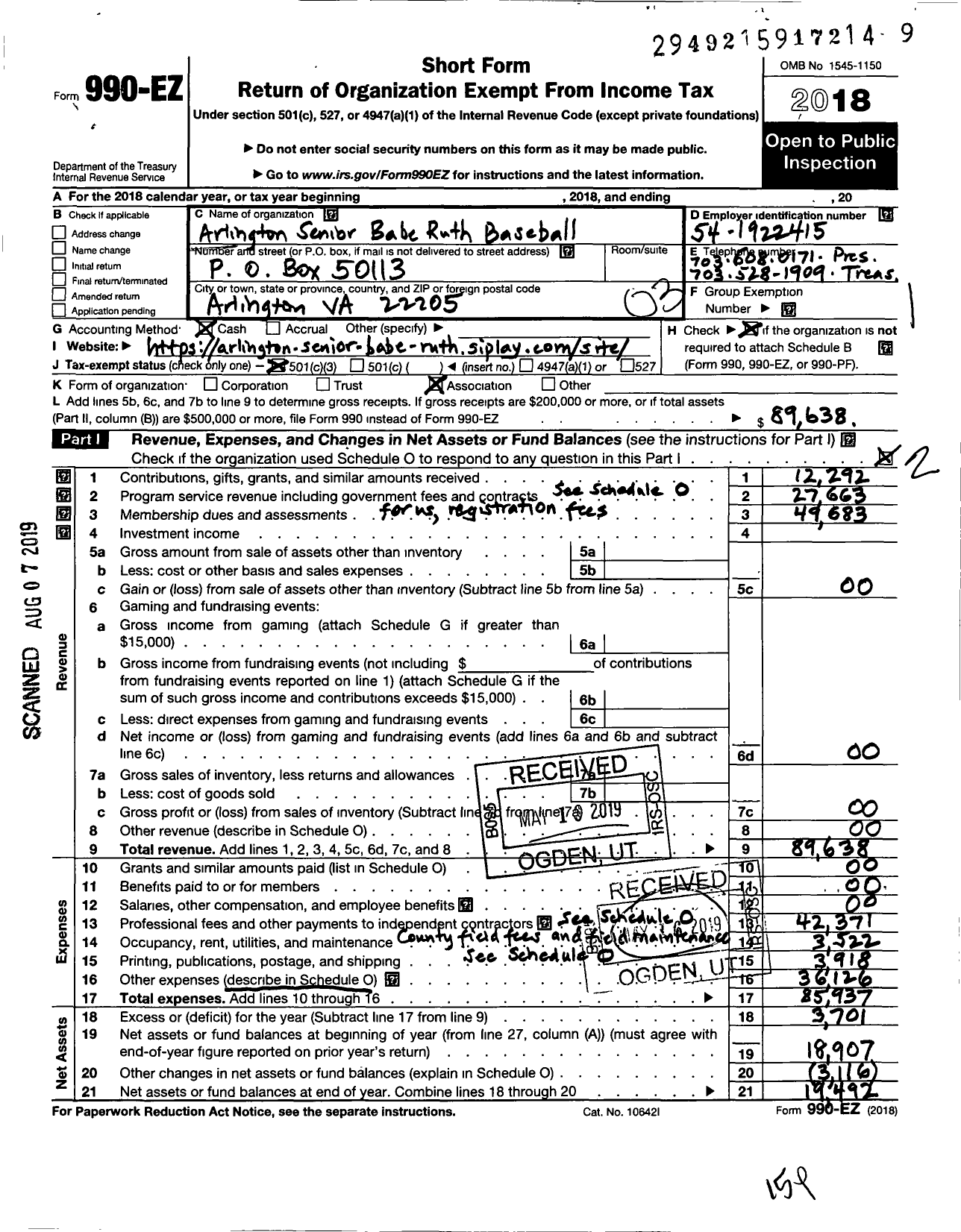 Image of first page of 2018 Form 990EZ for Arlington Senior Babe Ruth Baseball