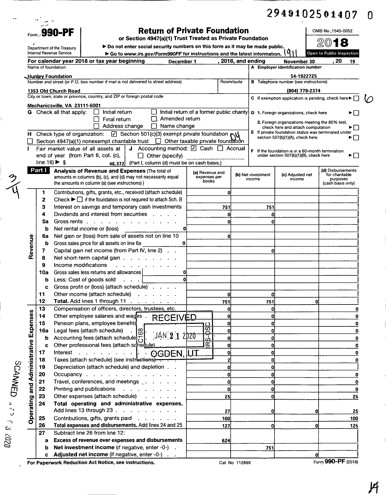 Image of first page of 2018 Form 990PR for Hunley Foundation