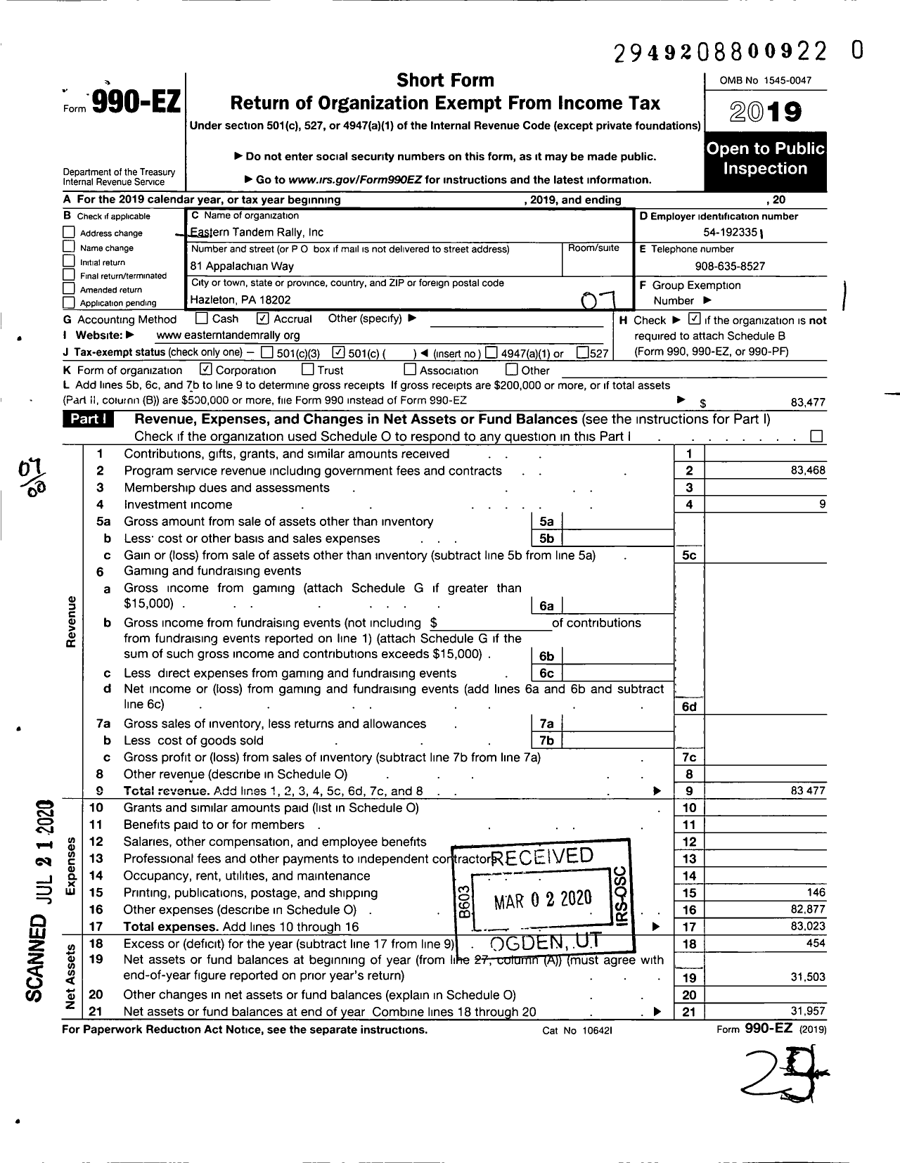 Image of first page of 2019 Form 990EO for Eastern Tandem Rally