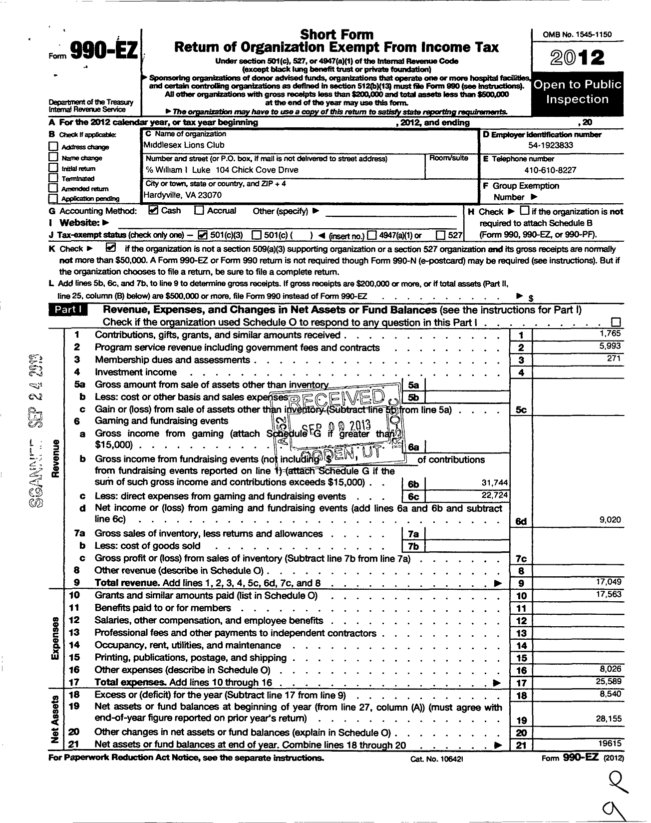 Image of first page of 2012 Form 990EZ for Lions Clubs - Middlesex County Lions Club