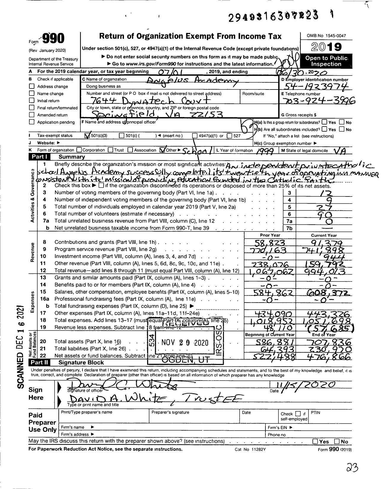 Image of first page of 2019 Form 990 for Angelus Academy