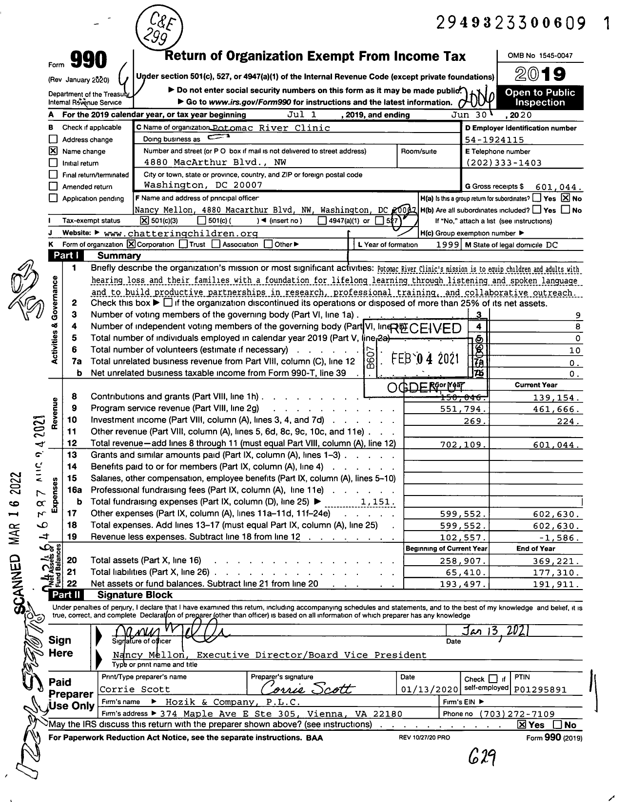 Image of first page of 2019 Form 990 for Potomac River Clinic