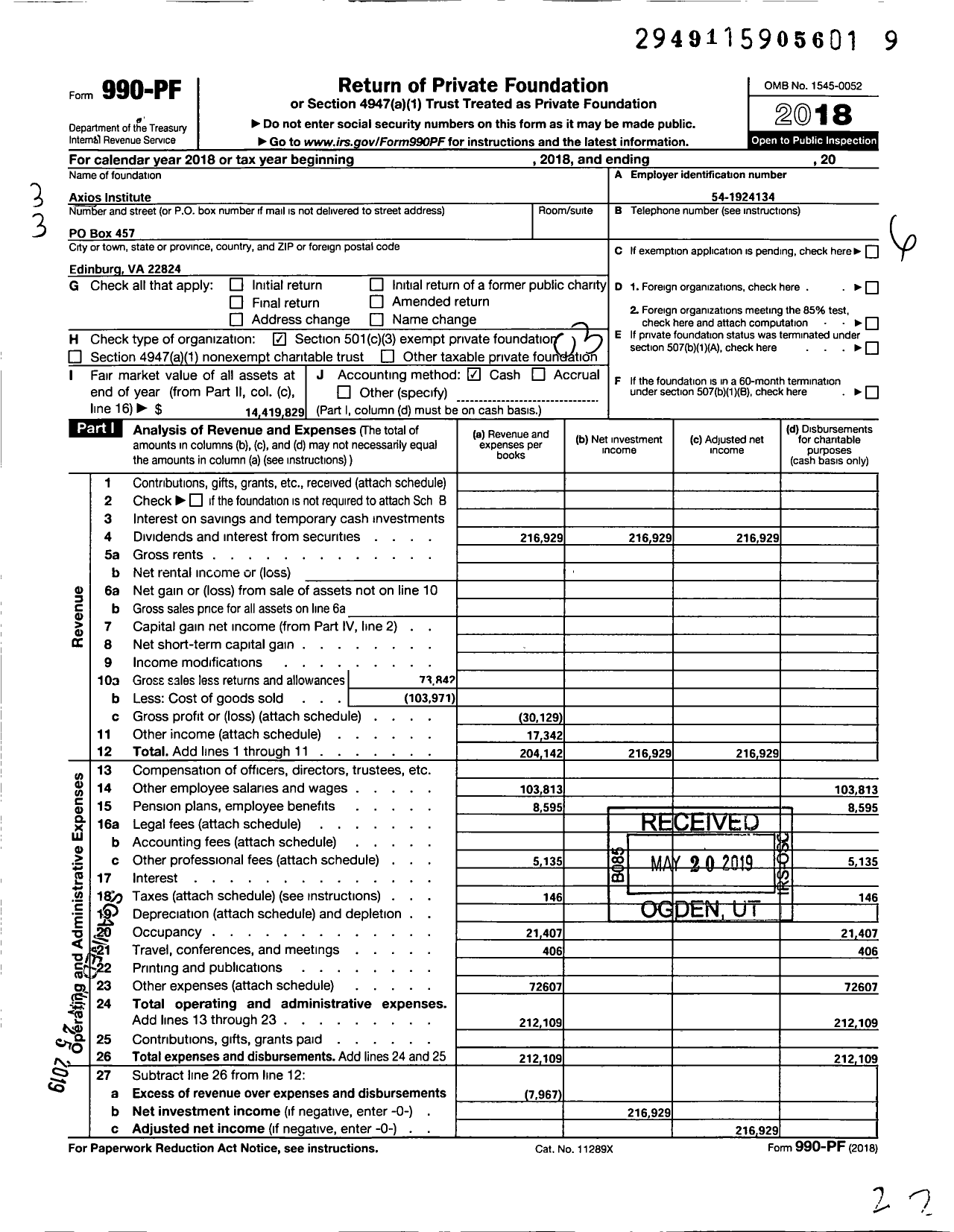 Image of first page of 2018 Form 990PF for Hunter Lewis Foundation