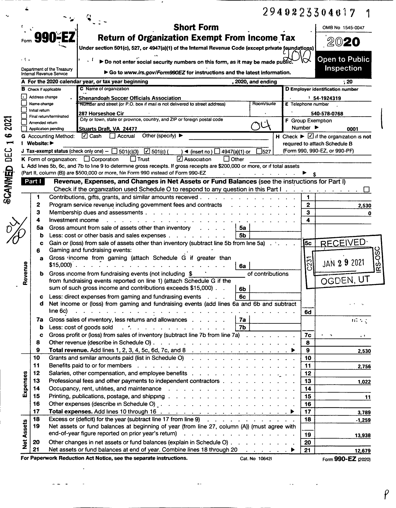 Image of first page of 2020 Form 990EO for Shenandoah Soccer Officials Association