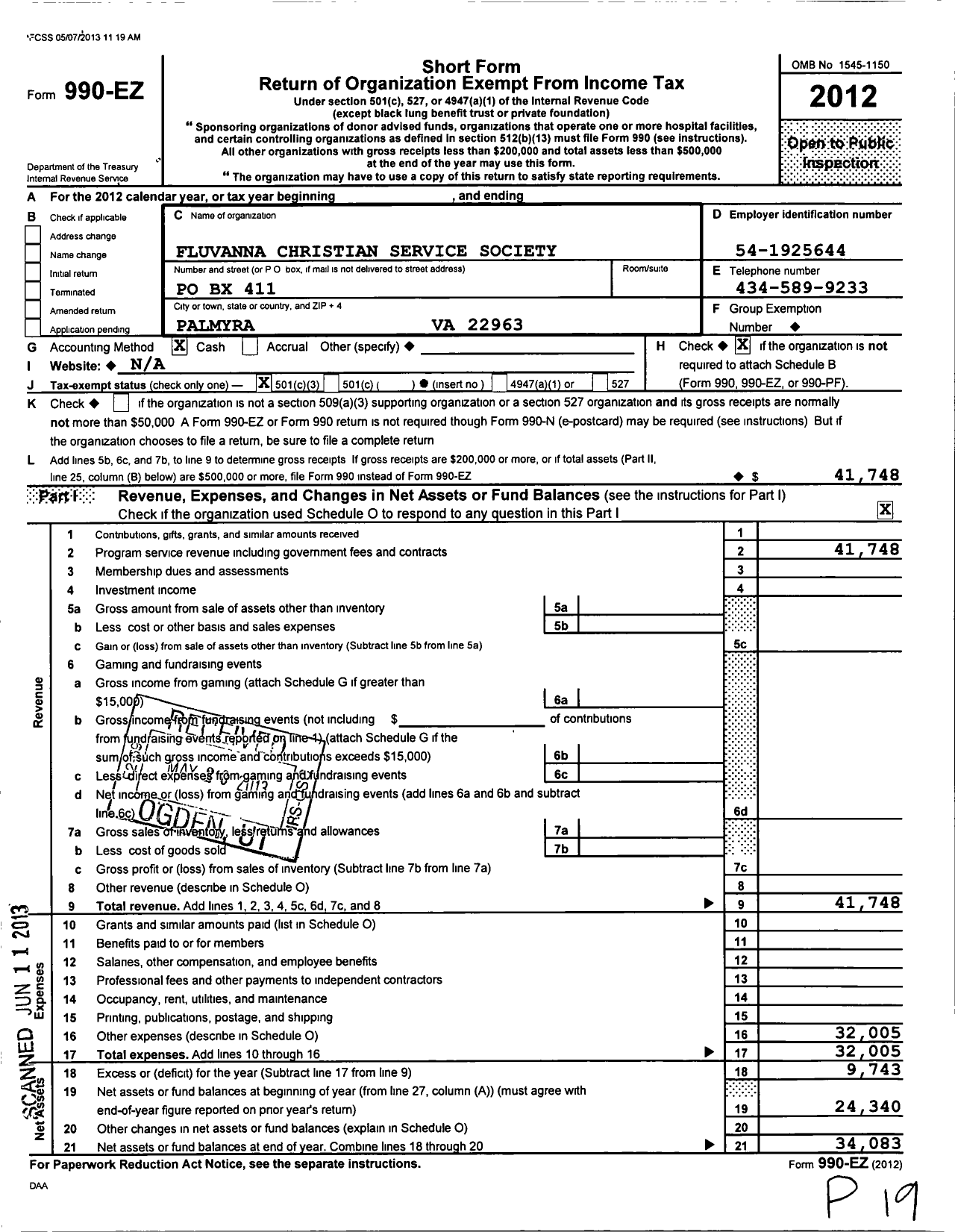 Image of first page of 2012 Form 990EZ for Fluvanna Christian Service Society