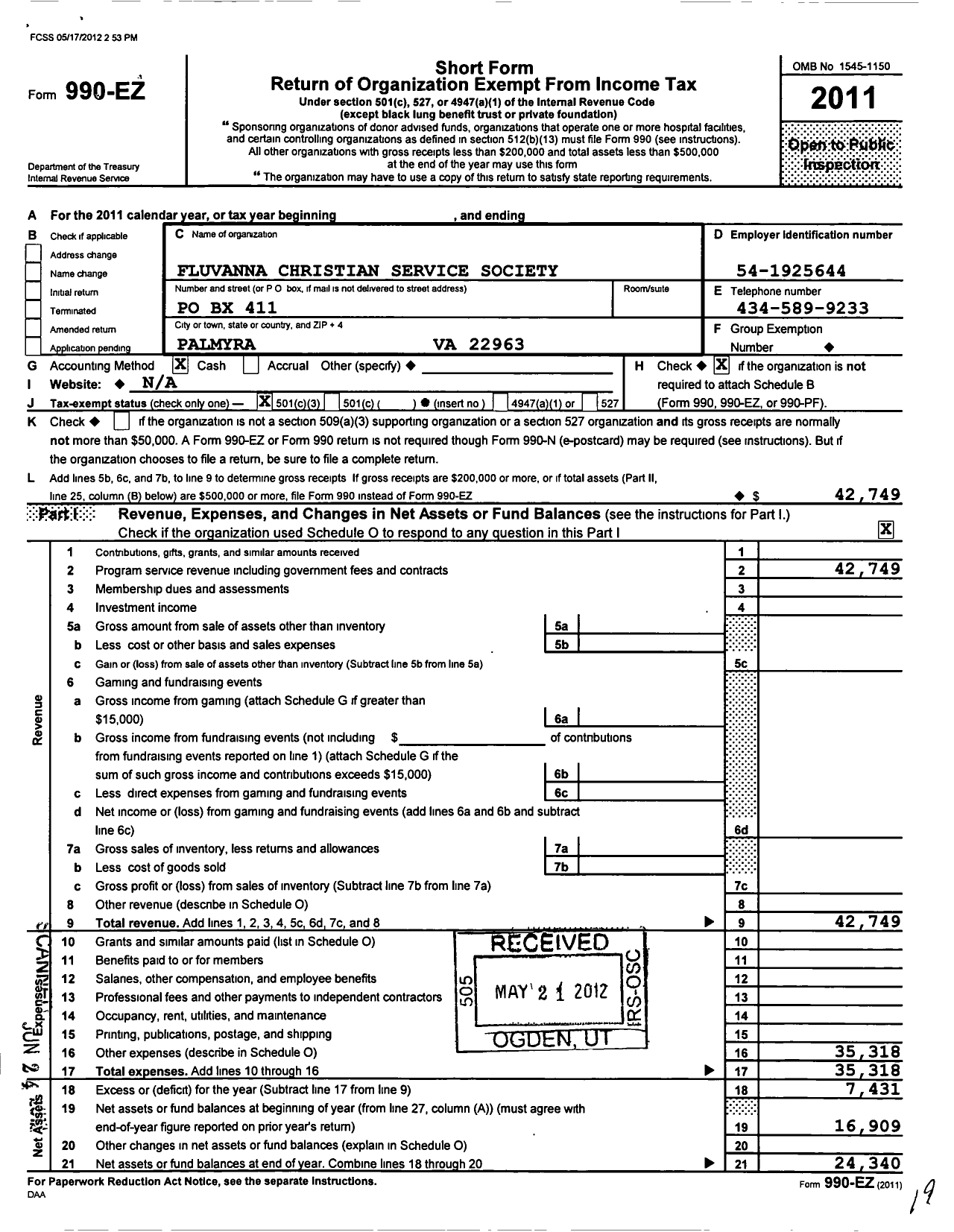 Image of first page of 2011 Form 990EZ for Fluvanna Christian Service Society