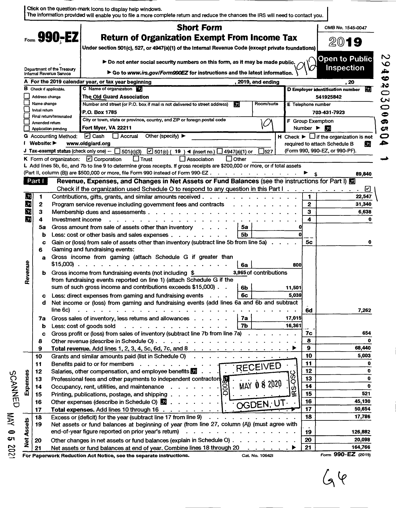 Image of first page of 2019 Form 990EO for Old Guard Association