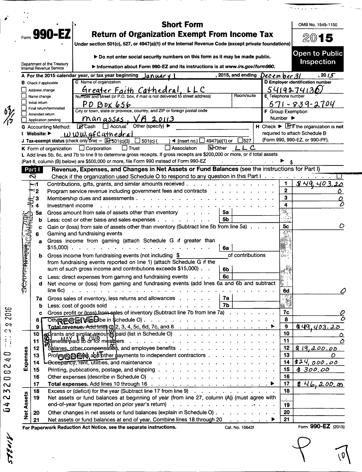 Image of first page of 2015 Form 990EZ for Greater Faith Tabernacle