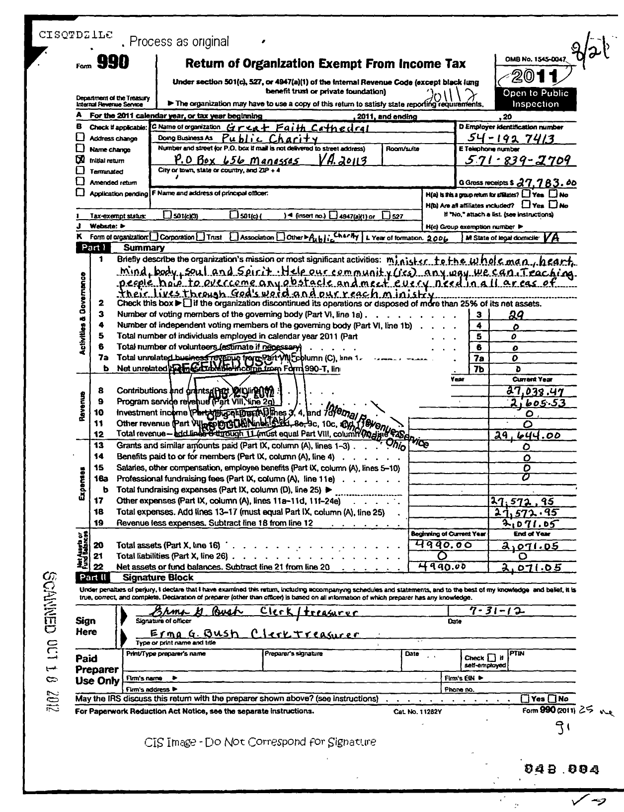 Image of first page of 2011 Form 990O for Greater Faith Tabernacle