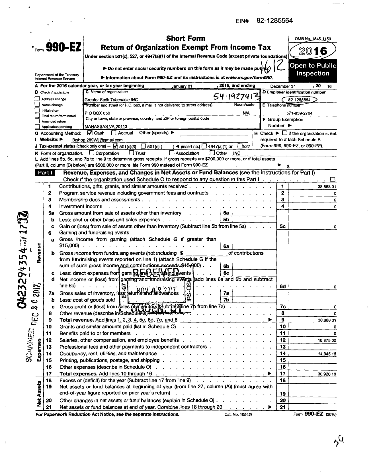 Image of first page of 2016 Form 990EZ for Greater Faith Tabernacle