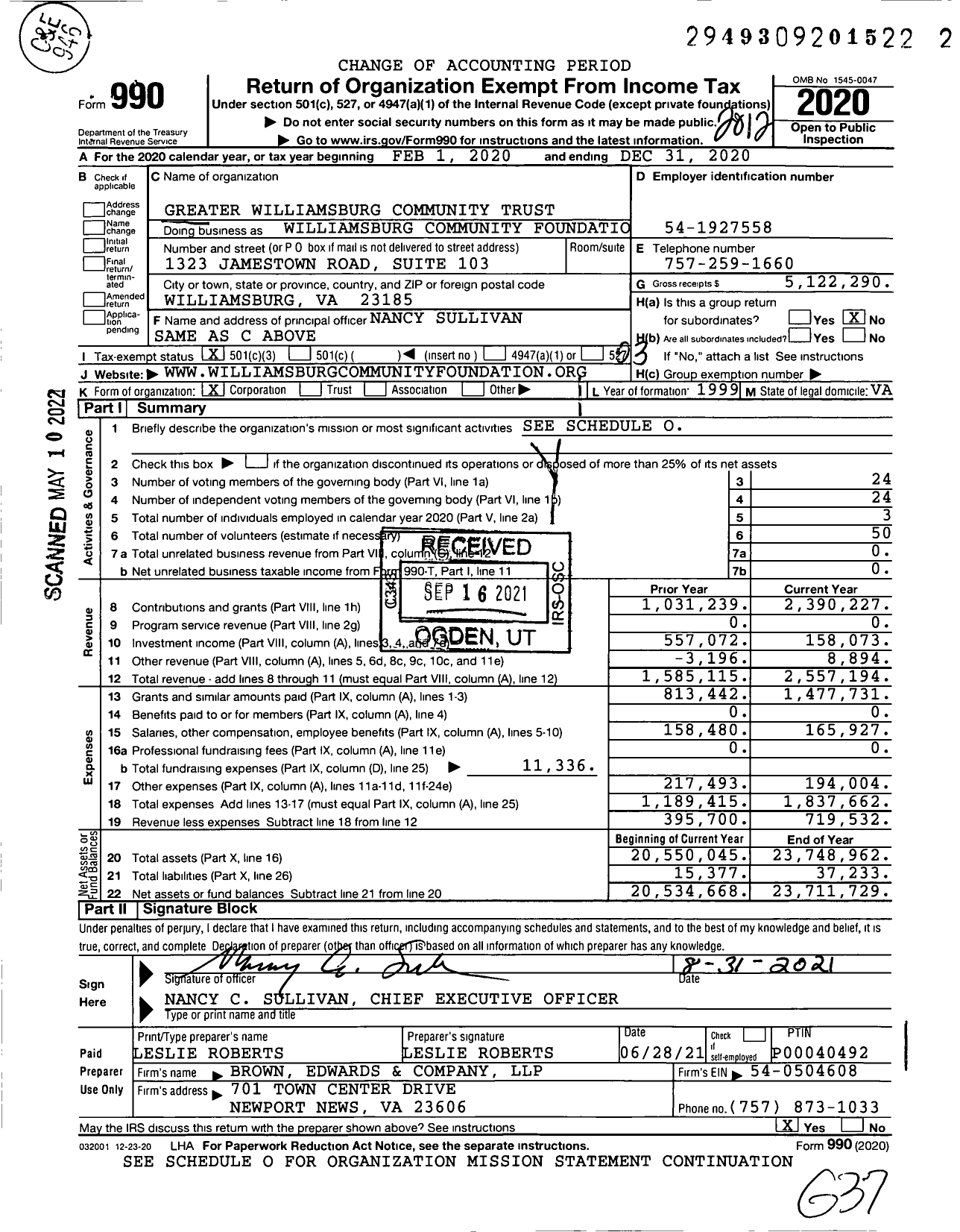 Image of first page of 2020 Form 990 for Williamsburg Community Foundation