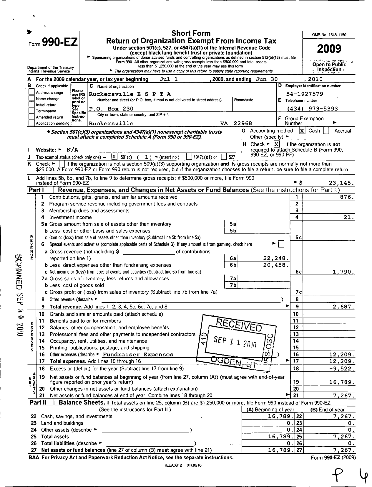 Image of first page of 2009 Form 990EO for Virginia PTA - Ruckersville Elementary School PTA