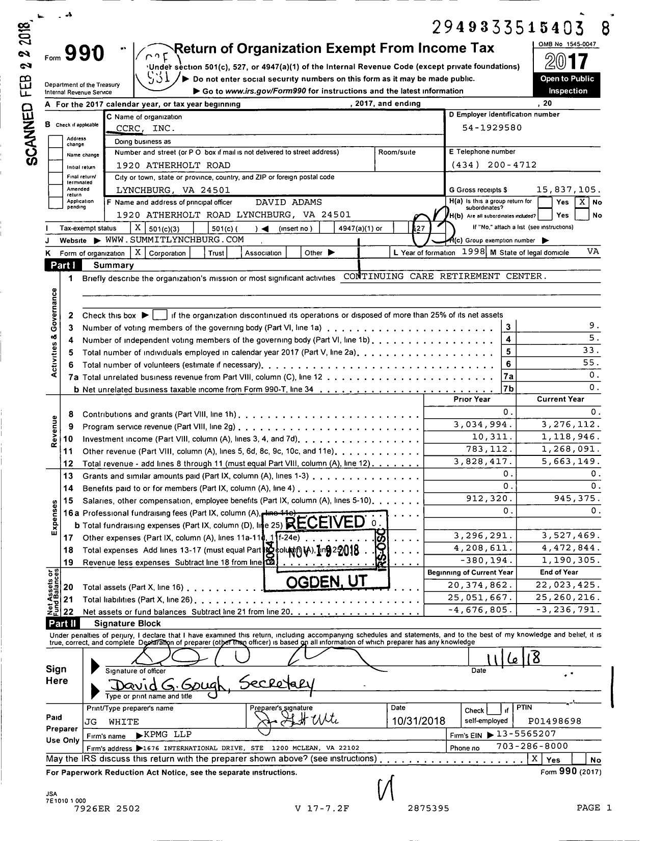 Image of first page of 2017 Form 990 for CCRC