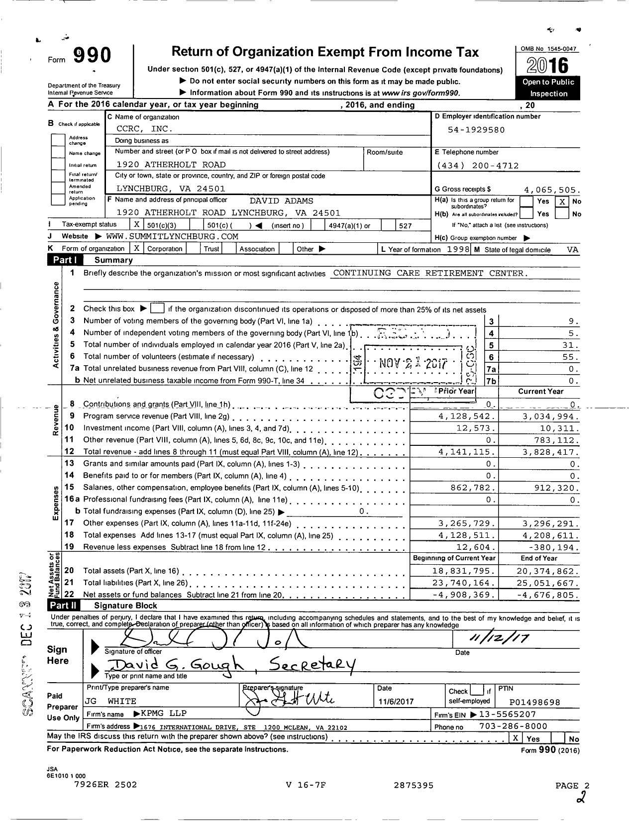 Image of first page of 2016 Form 990 for CCRC