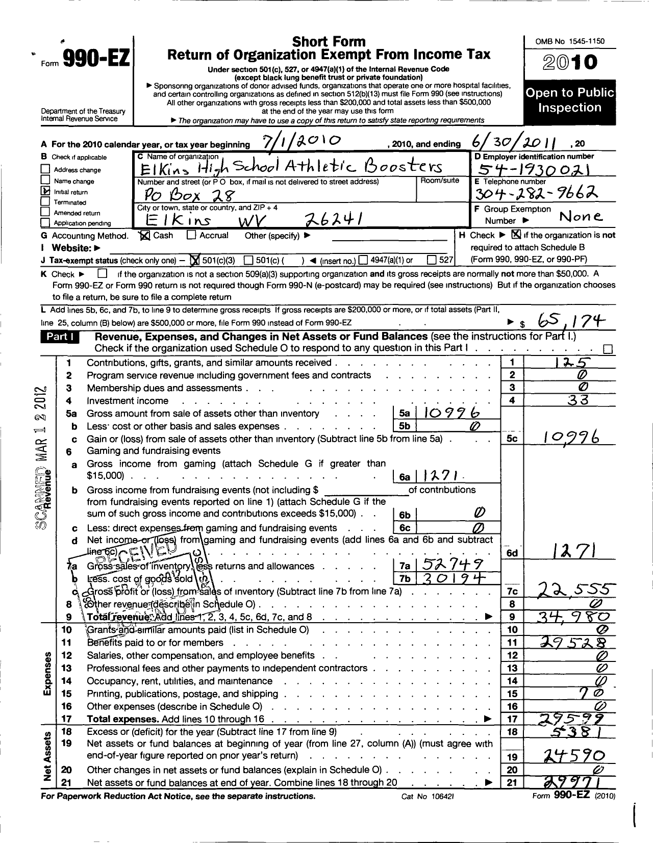 Image of first page of 2010 Form 990EZ for Elkins High School Athletic Boosters