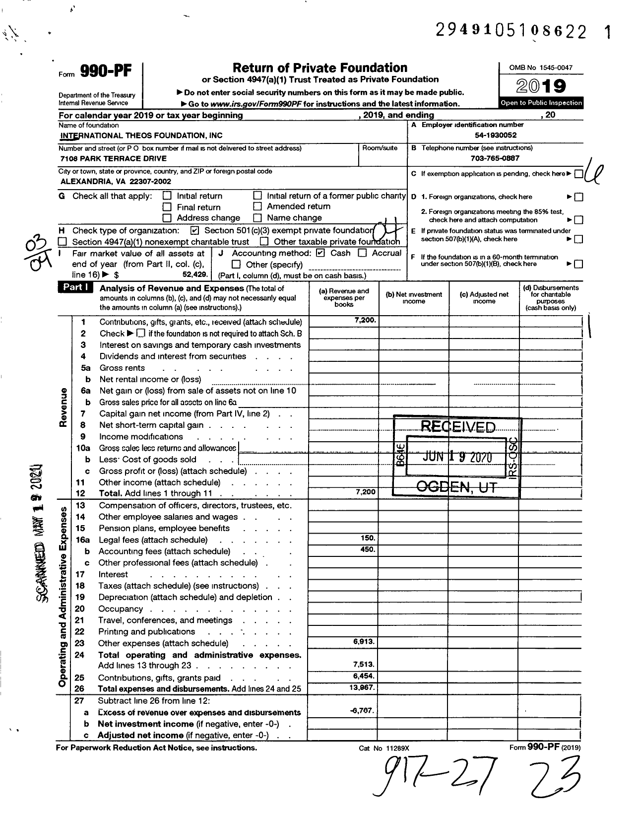 Image of first page of 2019 Form 990PF for International Theos Foundation