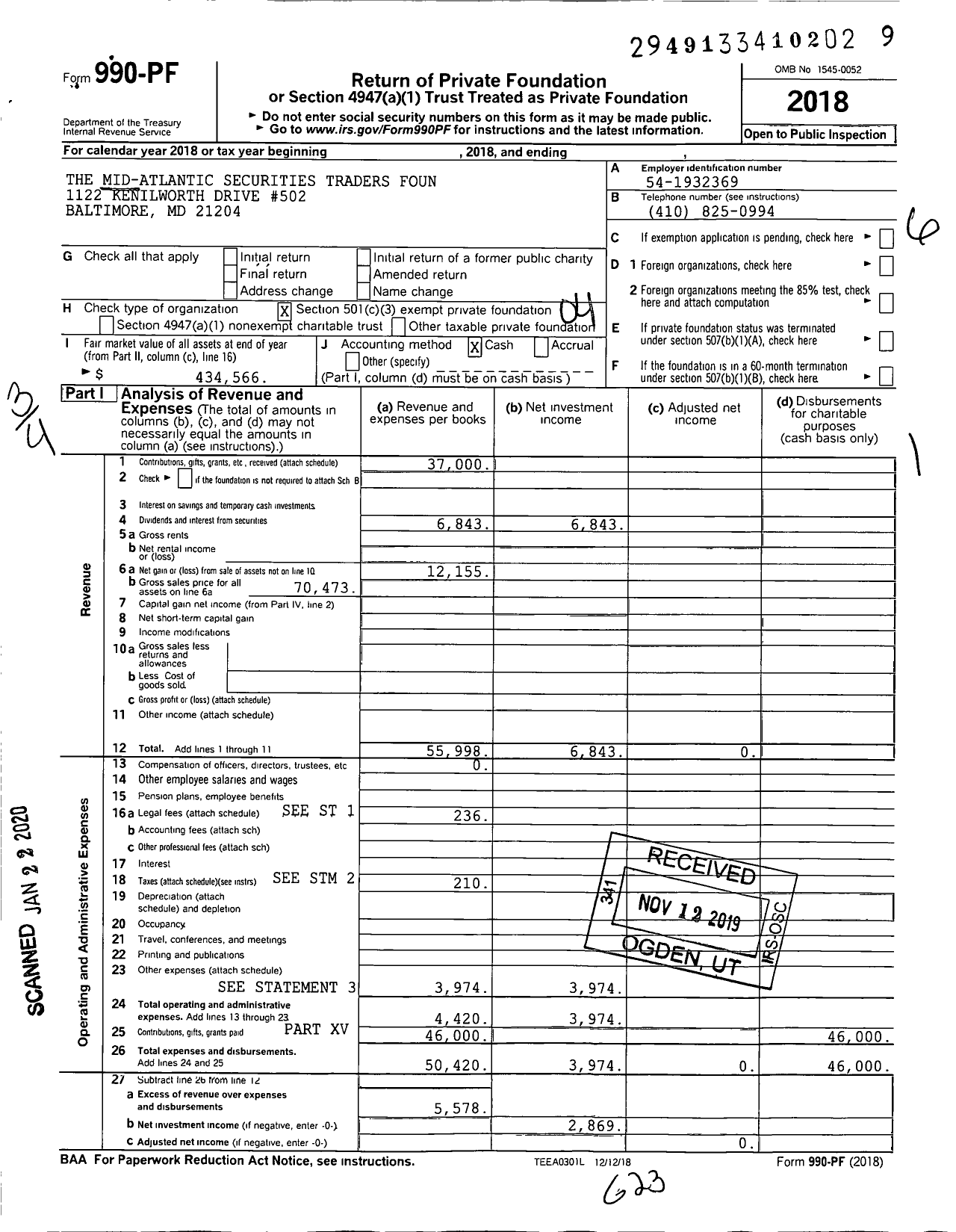 Image of first page of 2018 Form 990PF for The Mid-Atlantic Securities Traders Foun