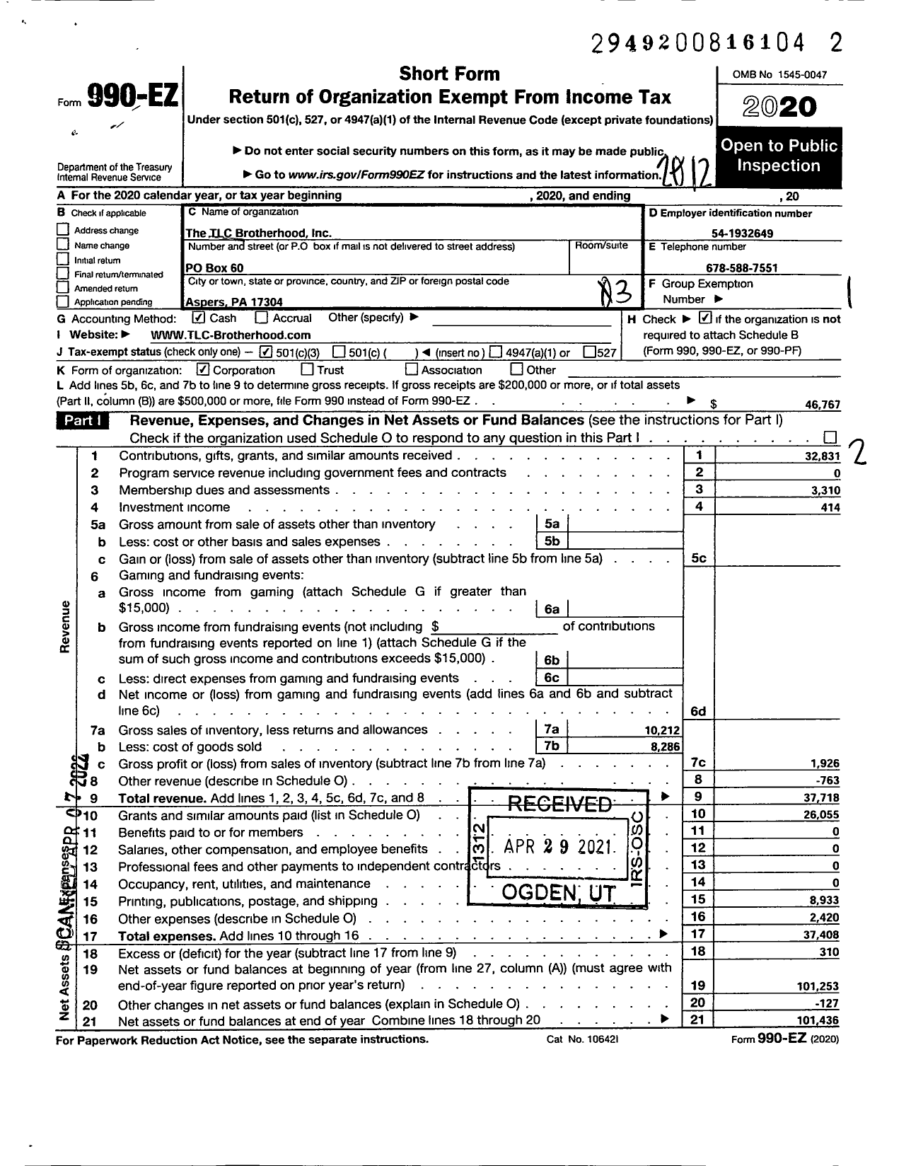 Image of first page of 2020 Form 990EZ for The TLC Brotherhood