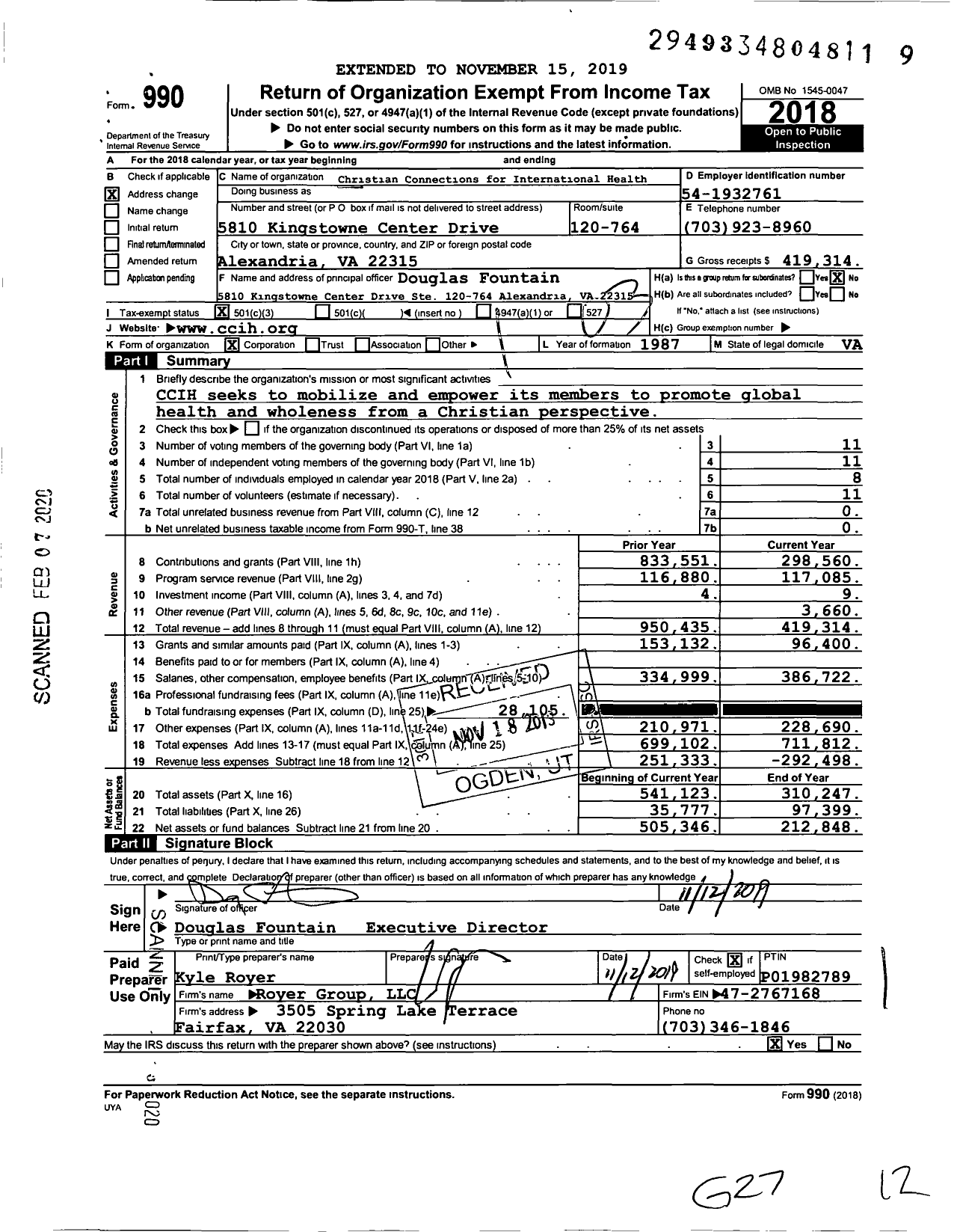 Image of first page of 2018 Form 990 for Christian Connections for International Health