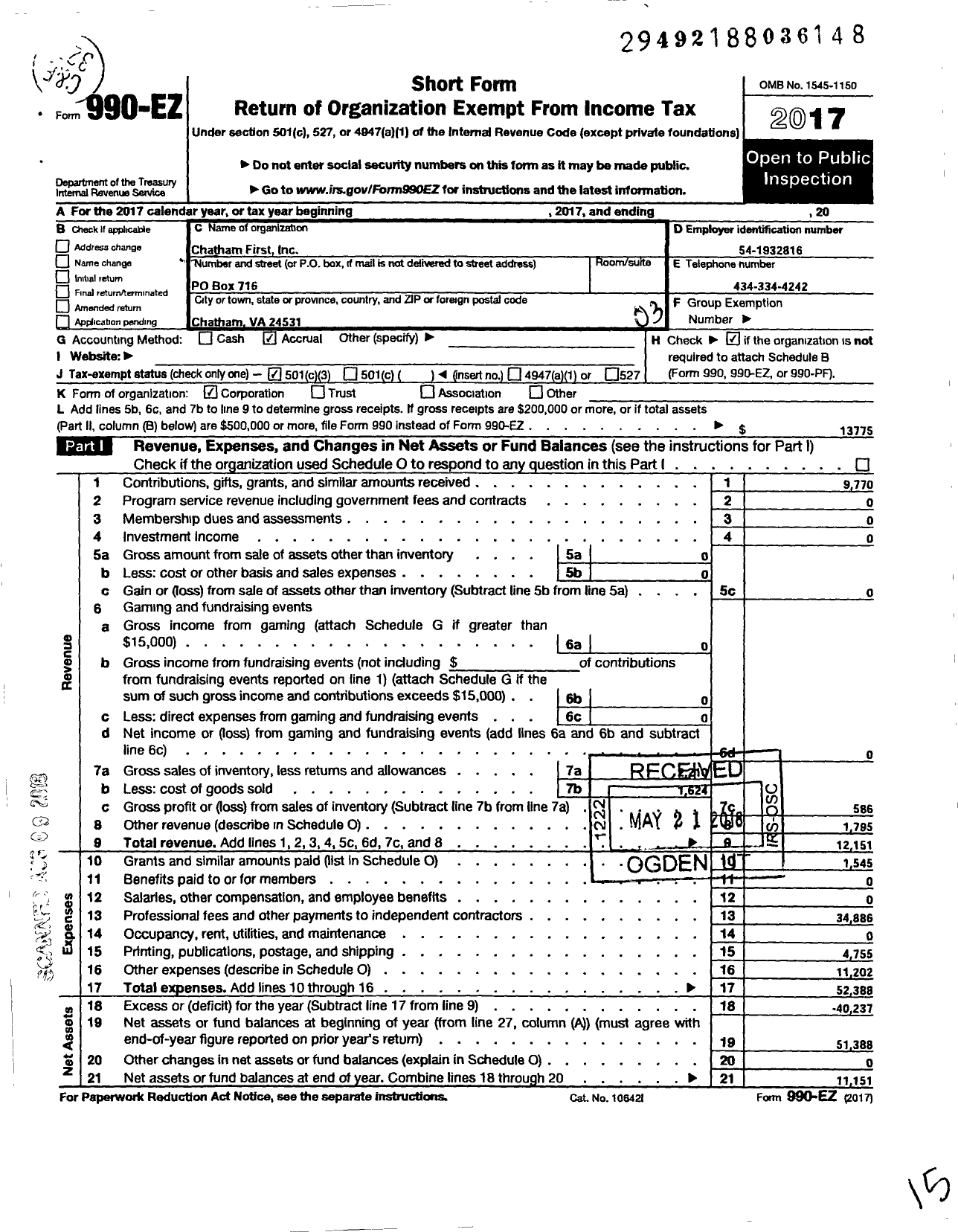 Image of first page of 2017 Form 990EZ for Chatham First