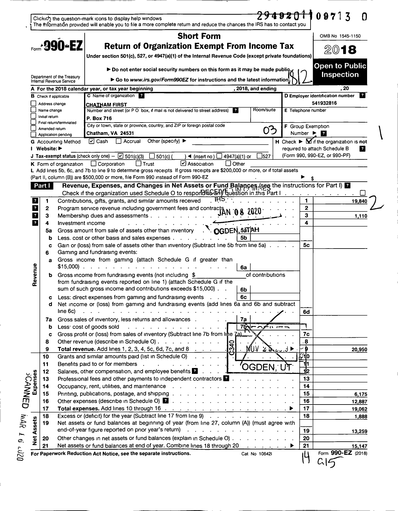 Image of first page of 2018 Form 990EZ for Chatham First