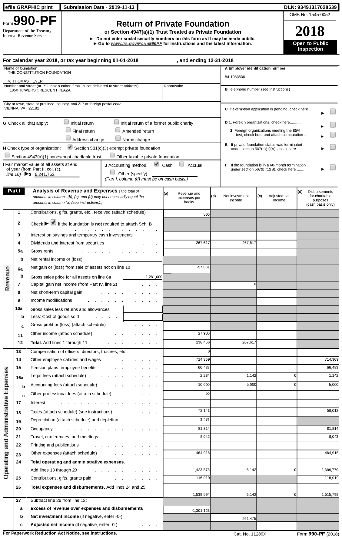 Image of first page of 2018 Form 990PF for The Constitution Foundation / Saylor Michael J Ttee