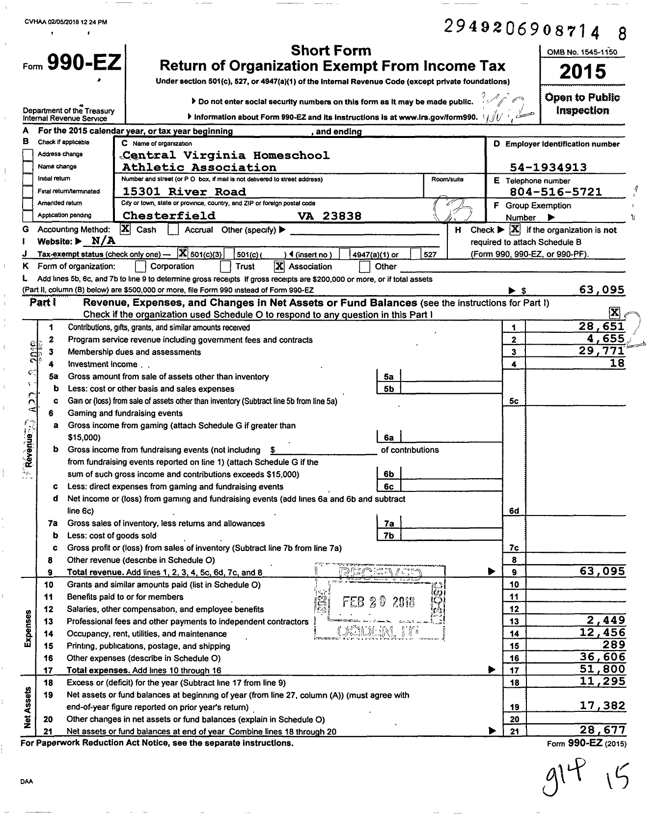 Image of first page of 2015 Form 990EZ for Central Virginia Homeschool Athletic Association