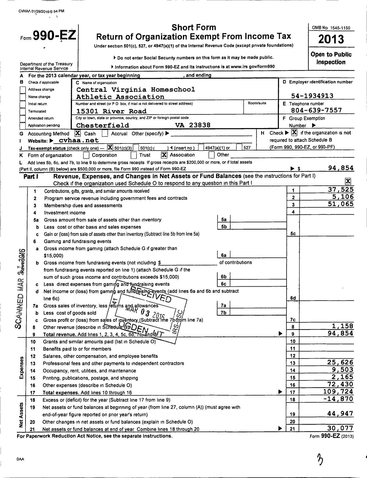 Image of first page of 2013 Form 990EZ for Central Virginia Homeschool Athletic Association