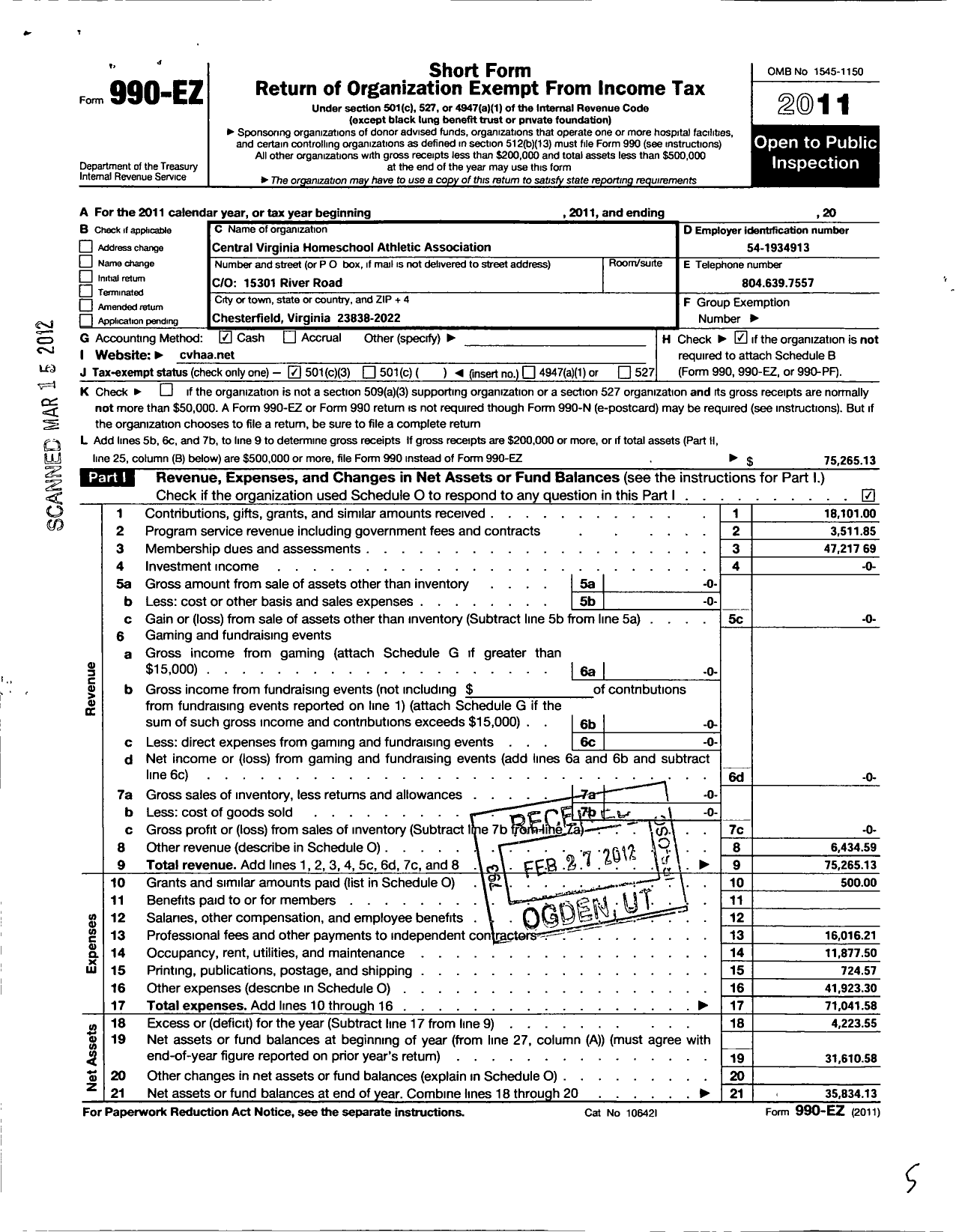 Image of first page of 2011 Form 990EZ for Central Virginia Homeschool Athletic Association