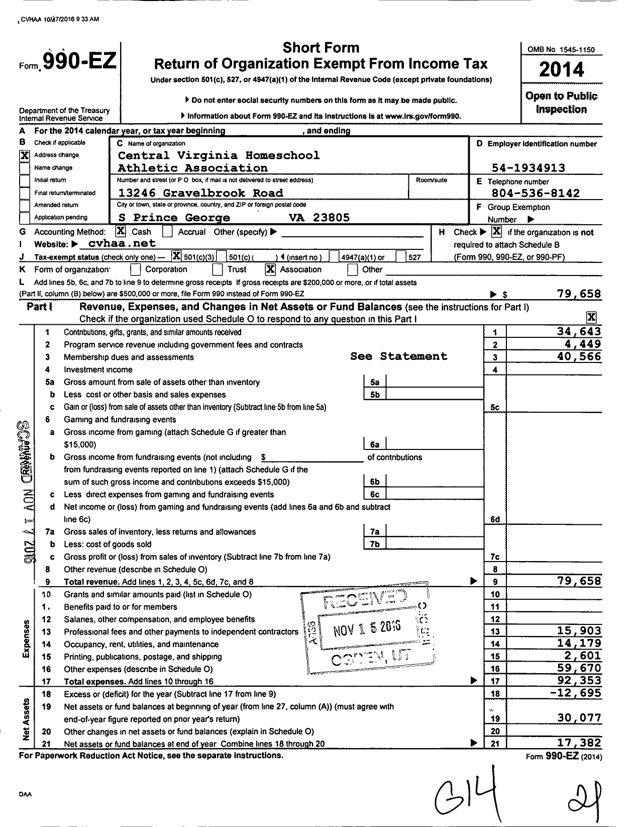 Image of first page of 2014 Form 990EZ for Central Virginia Homeschool Athletic Association