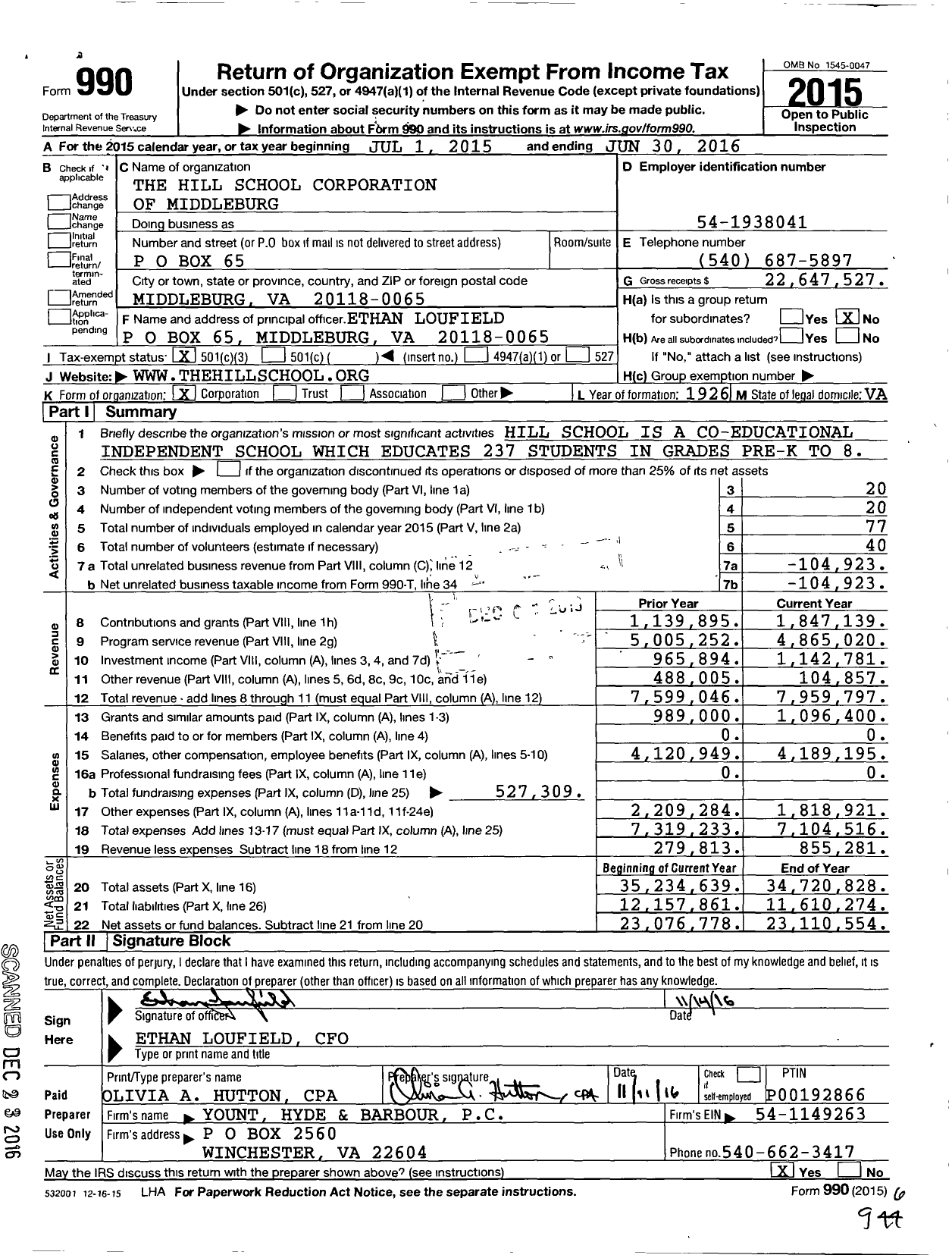 Image of first page of 2015 Form 990 for Hill School Corporation of Middleburg