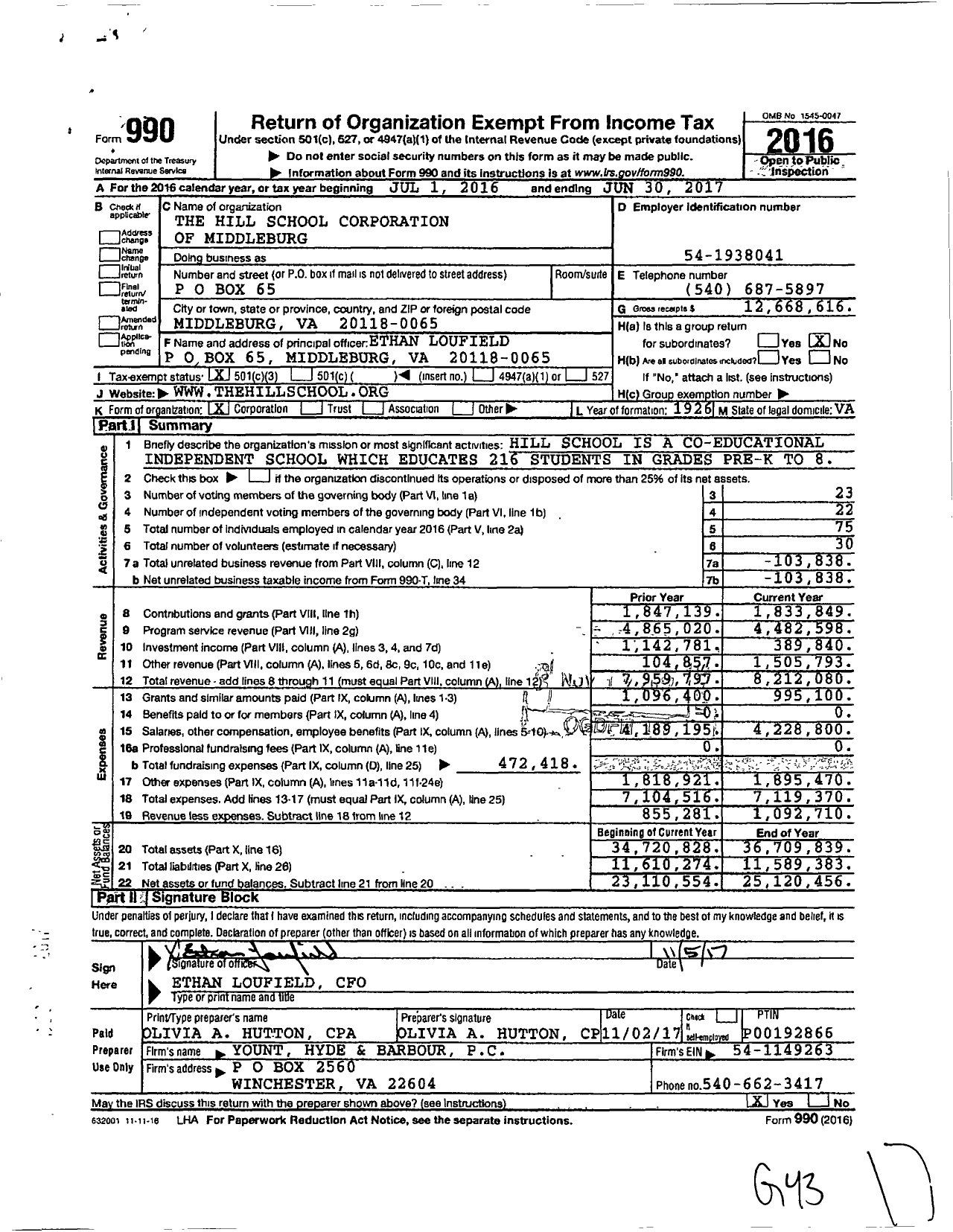Image of first page of 2016 Form 990 for Hill School Corporation of Middleburg
