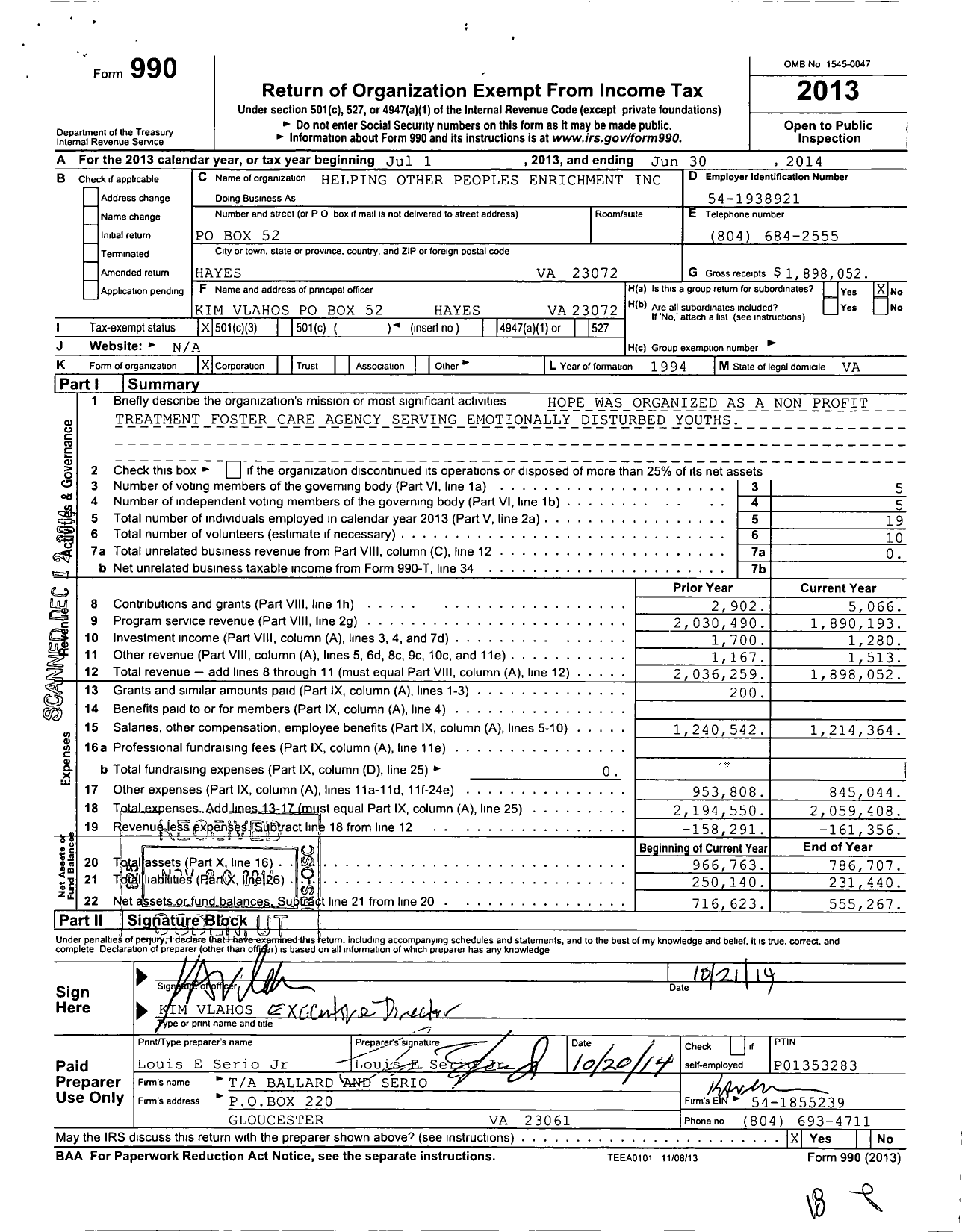 Image of first page of 2013 Form 990 for Helping Other Peoples Enrichment