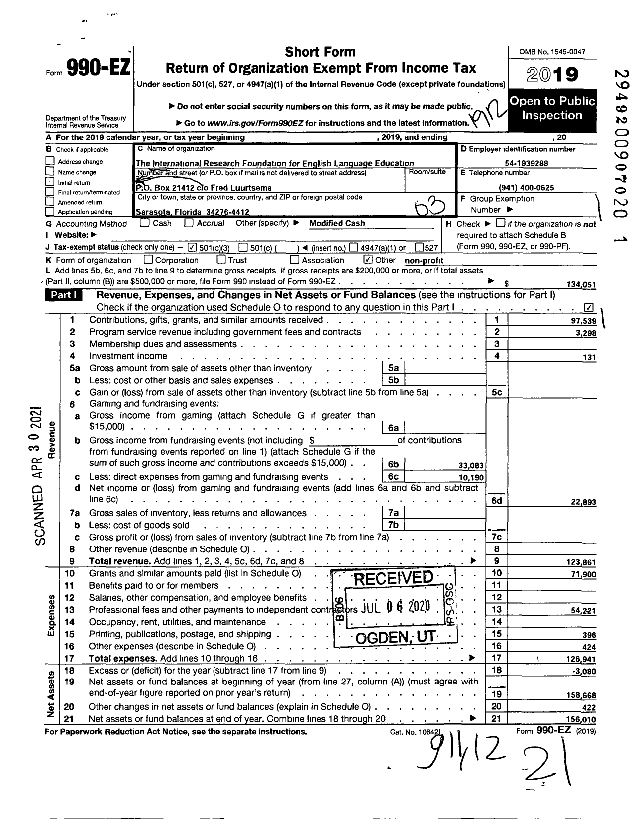 Image of first page of 2019 Form 990EZ for The International Research Foundation for English Language Education