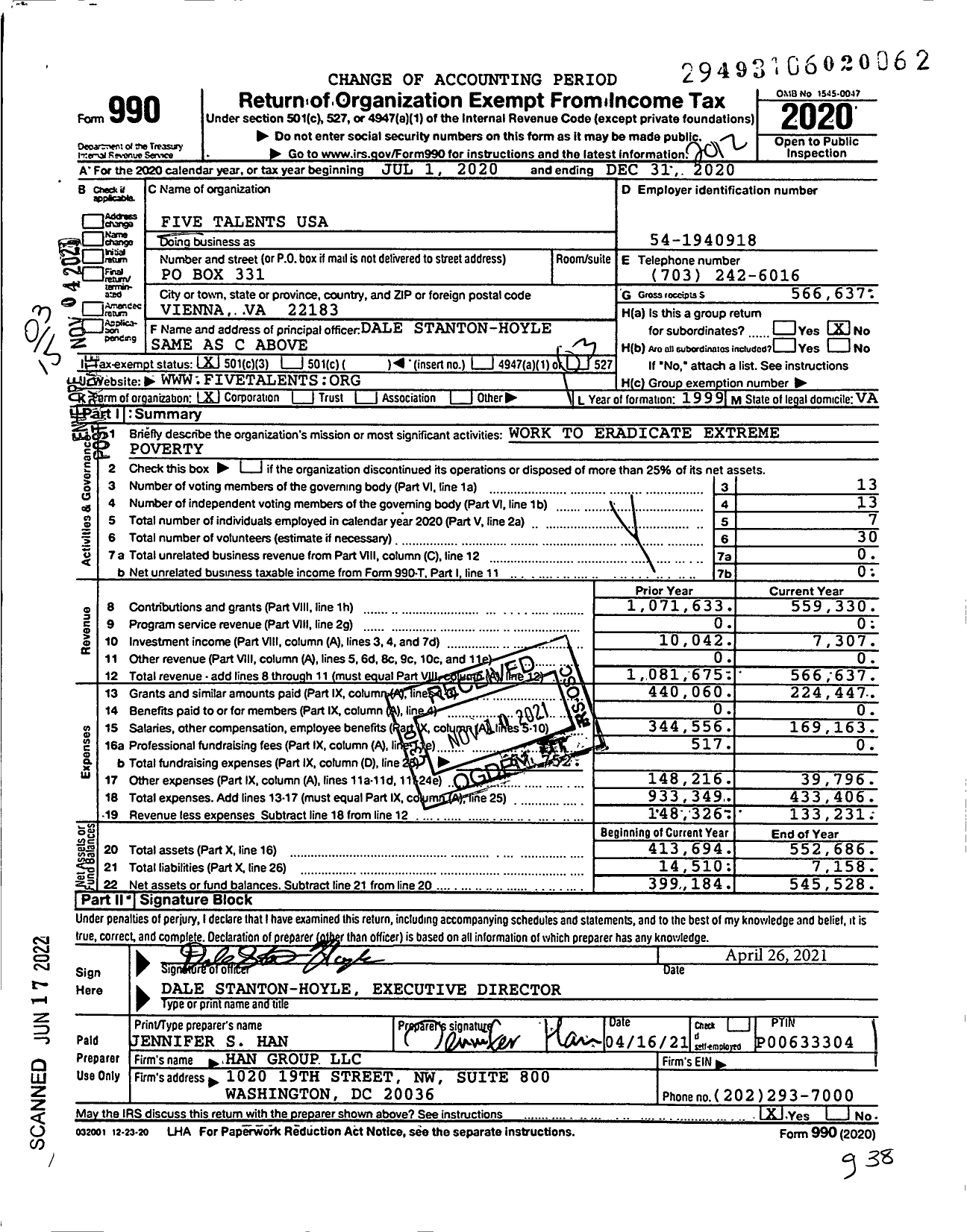 Image of first page of 2020 Form 990 for Five Talents USA