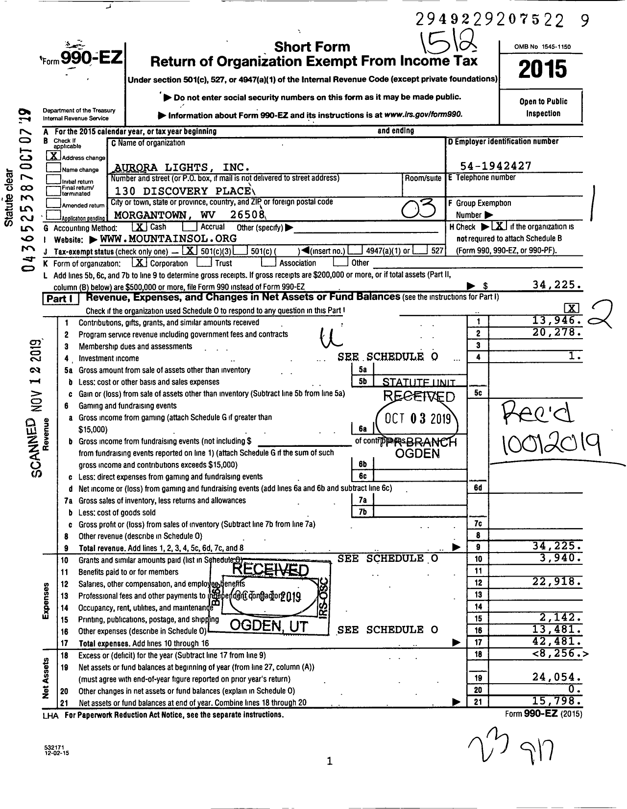 Image of first page of 2015 Form 990EZ for Aurora Lights