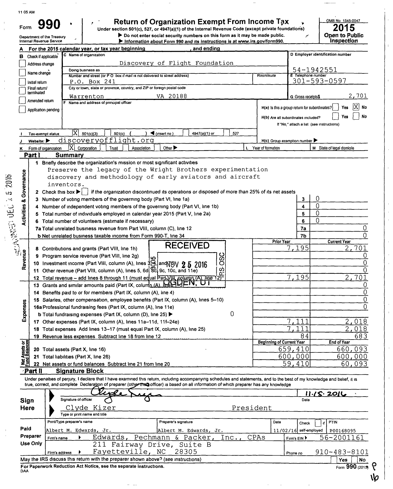 Image of first page of 2015 Form 990 for Discovery of Flight Foundation