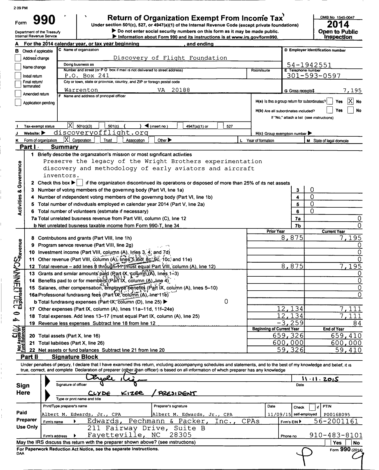 Image of first page of 2014 Form 990 for Discovery of Flight Foundation