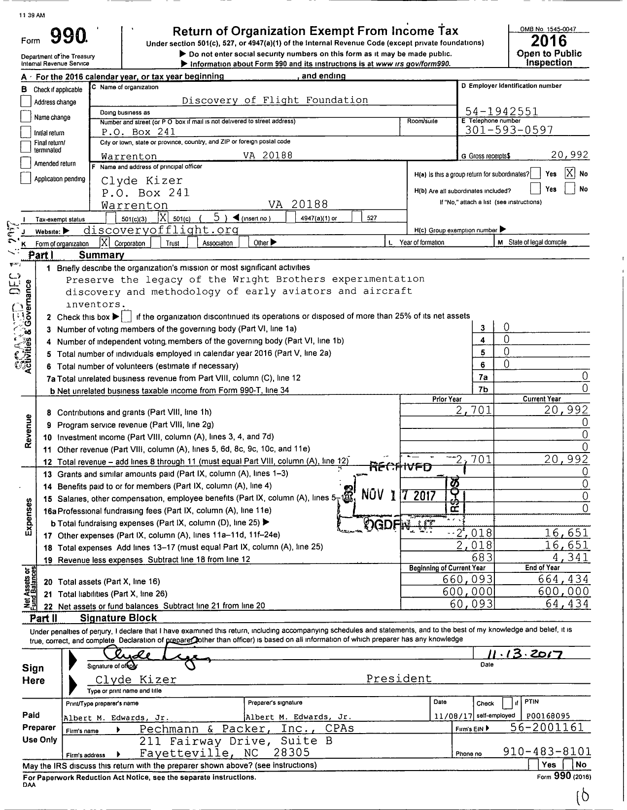 Image of first page of 2016 Form 990O for Discovery of Flight Foundation