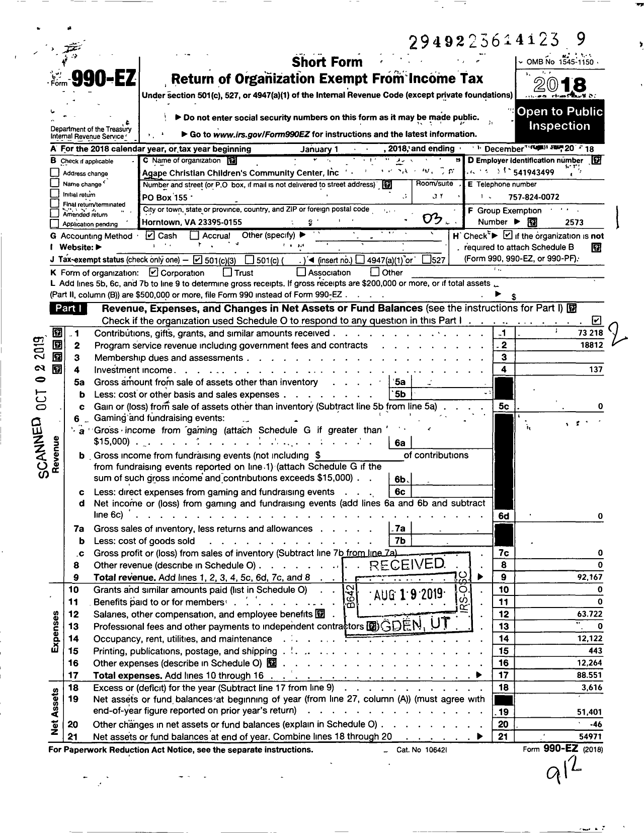 Image of first page of 2018 Form 990EZ for Agape Christian Childrens Community