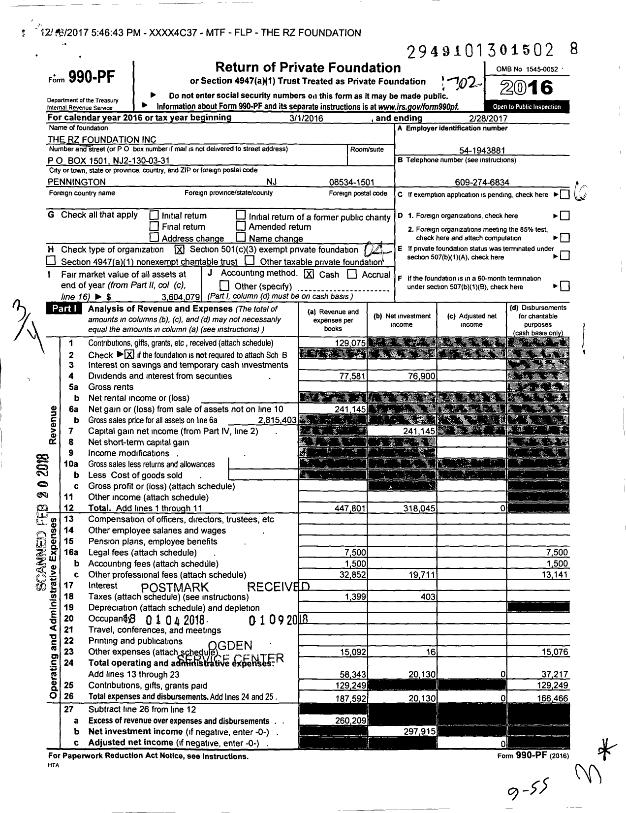 Image of first page of 2016 Form 990PF for The RZ Foundation