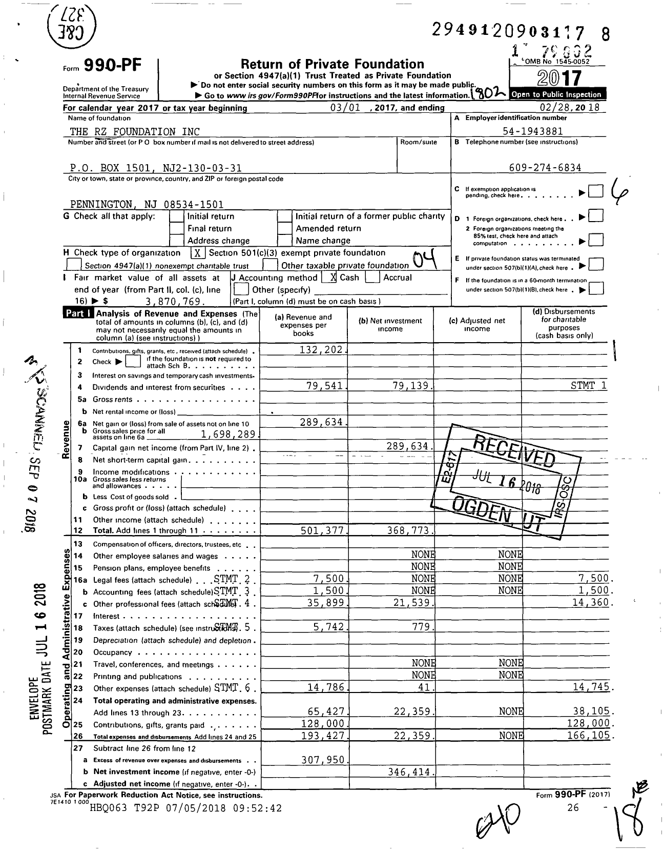 Image of first page of 2017 Form 990PF for The RZ Foundation