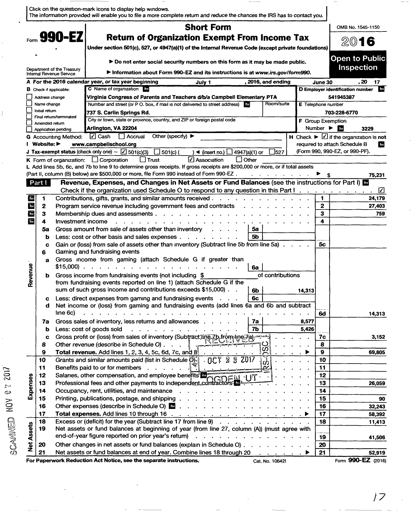 Image of first page of 2016 Form 990EZ for Virginia PTA - Campbell Elementary