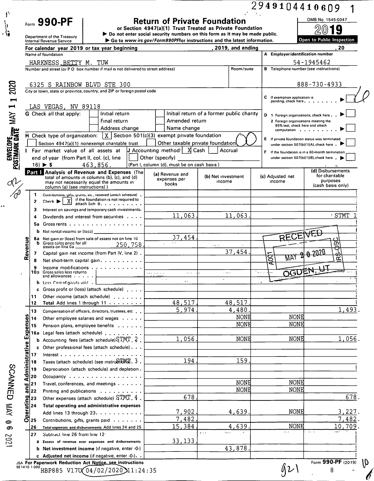 Image of first page of 2019 Form 990PF for Harkness Betty M Tuw