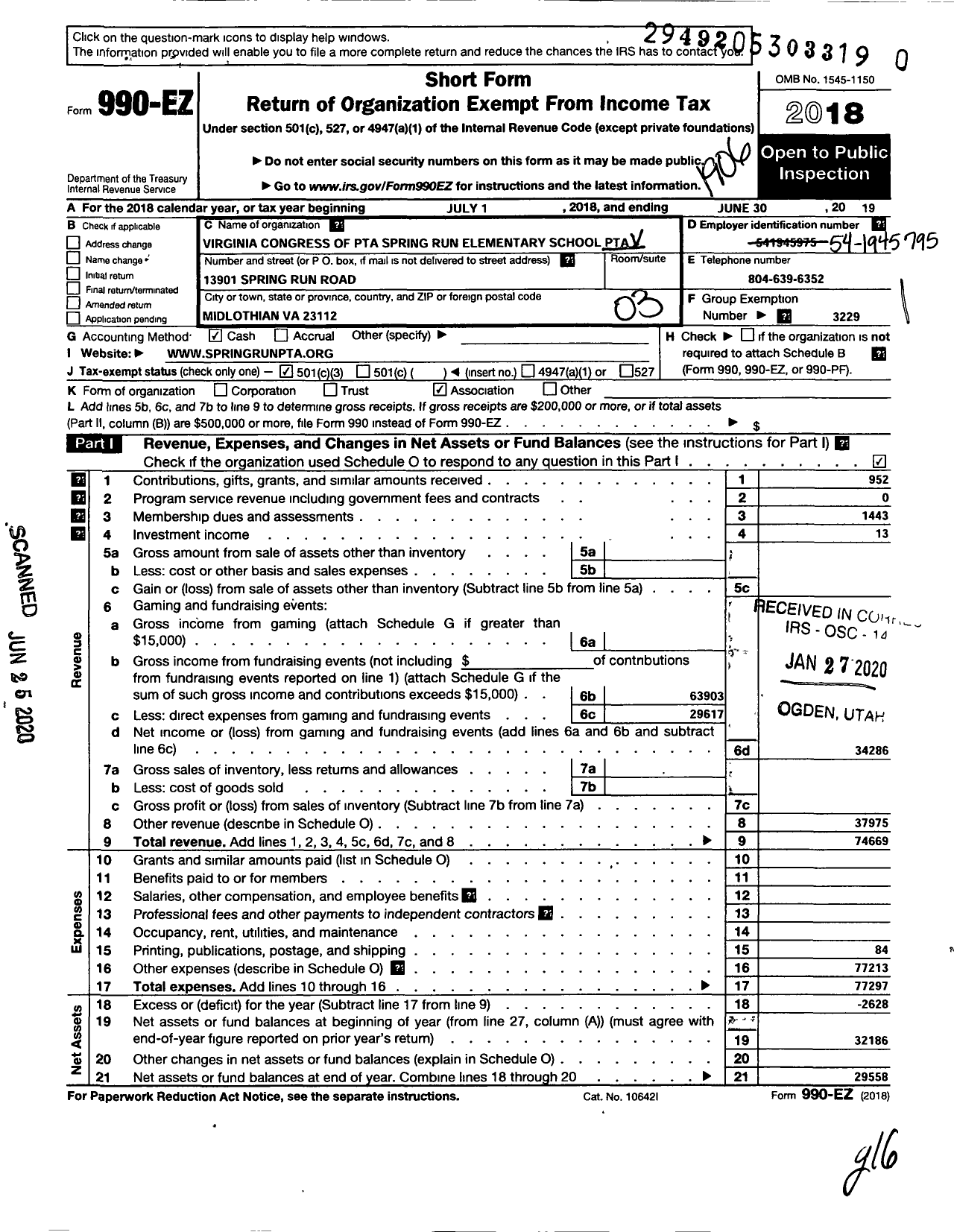 Image of first page of 2018 Form 990EZ for Virginia PTA - Spring Run Elementary PTA
