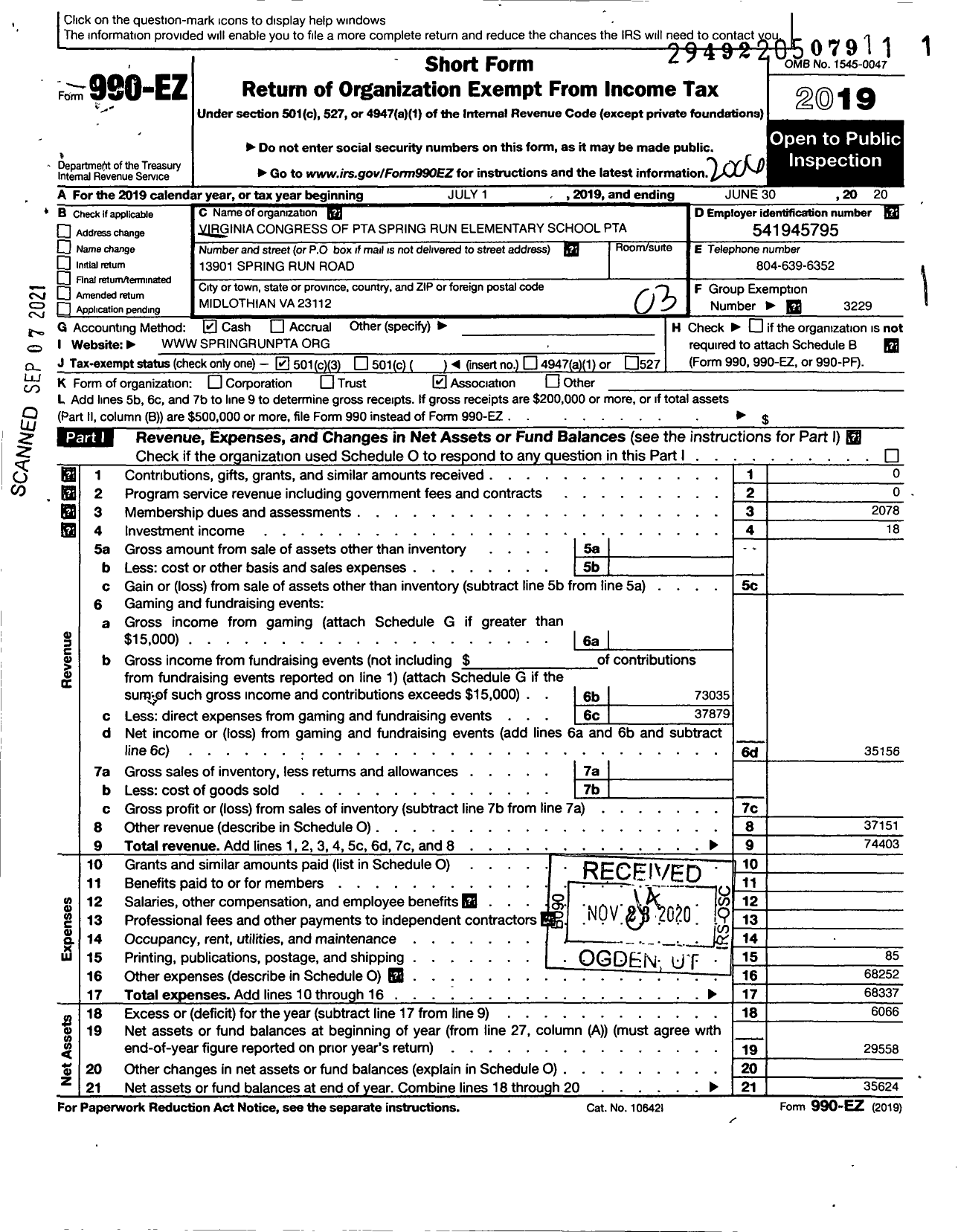 Image of first page of 2019 Form 990EZ for Virginia PTA - Spring Run Elementary PTA